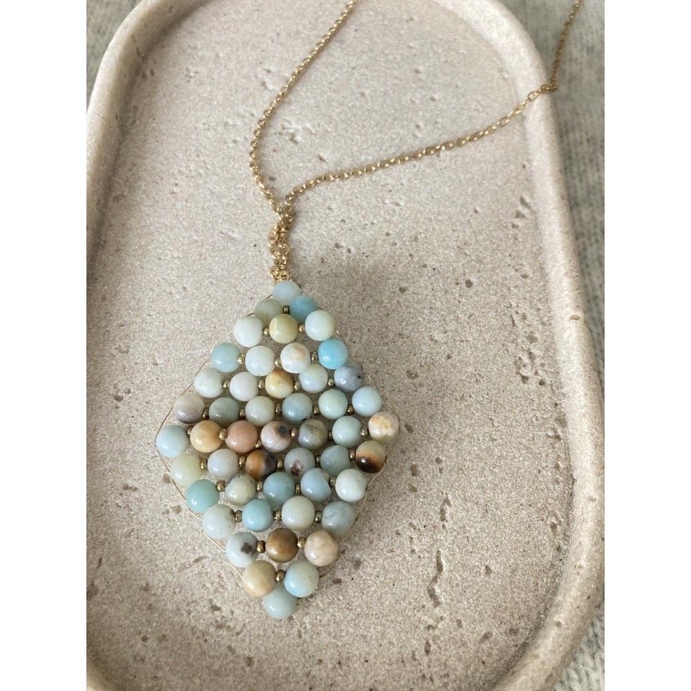 Gold Tone Pendant Necklace Aqua Cream Beaded Diamond Shaped Long Romantic Beachy